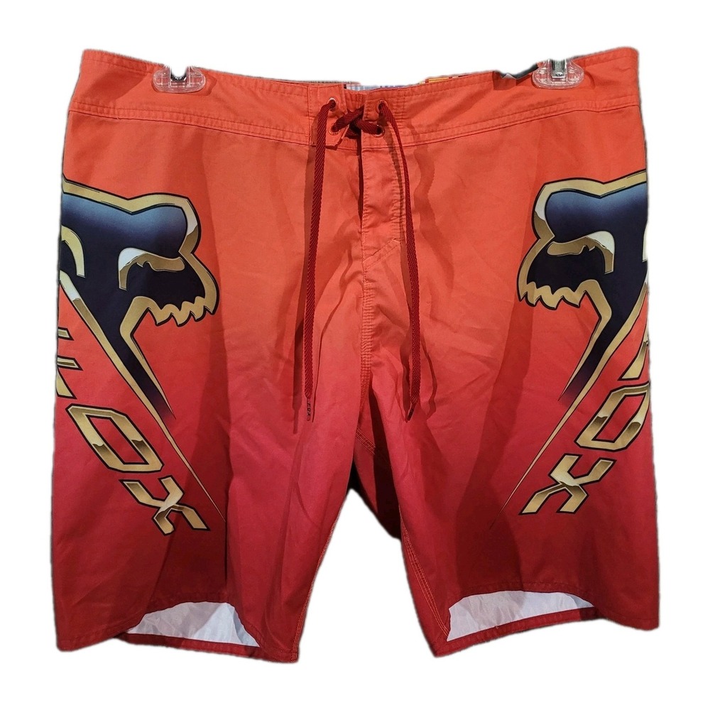 FOX Racing Boardshorts Men's Size 36 Orange Logo Surf Zip Pocket Unlined